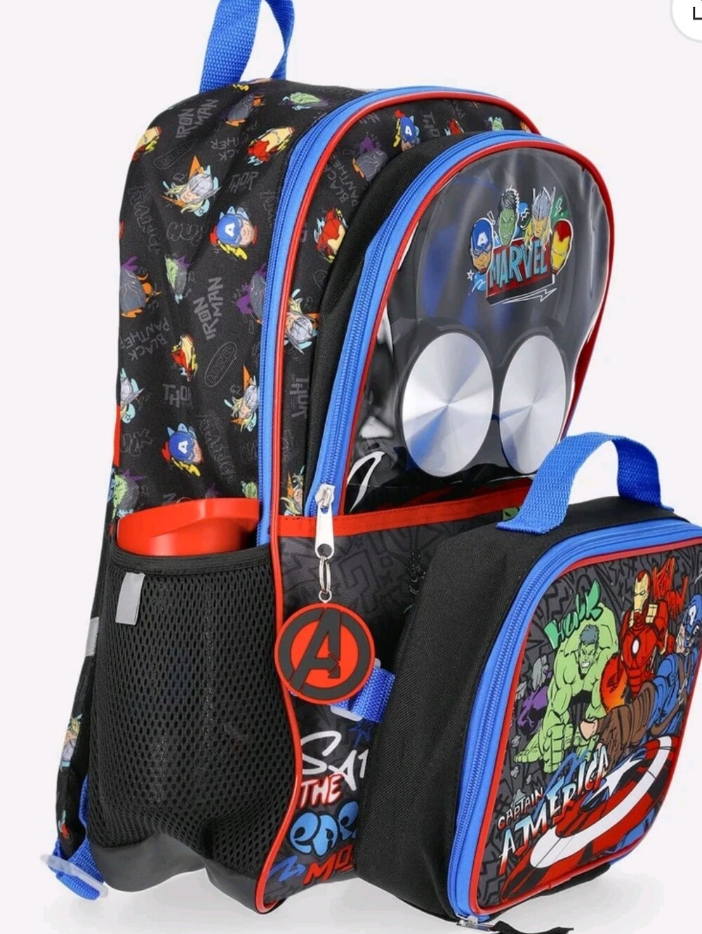 Marvel Black Backpack Set with Lunch kit, Headphones and Water Bottle